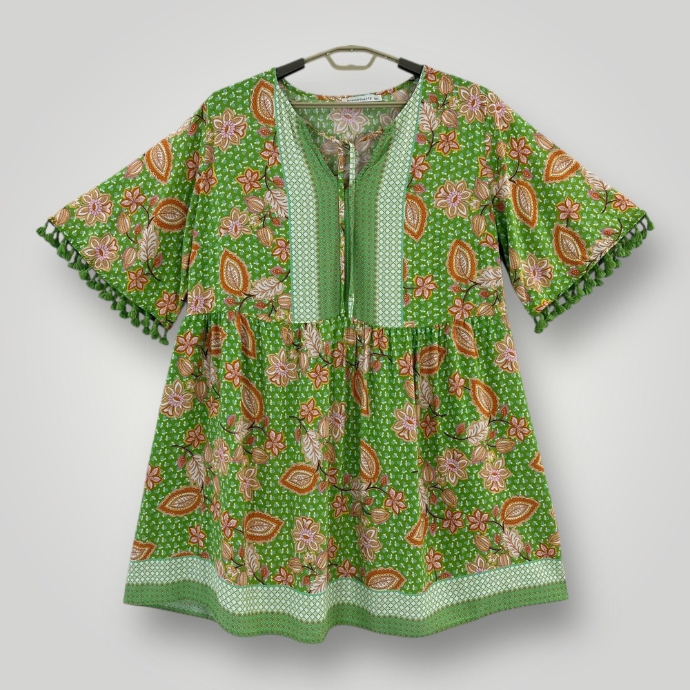 Rusttydustty Dress Womens 3XL Green Floral Boho Knee Length V Neck Plus Swing